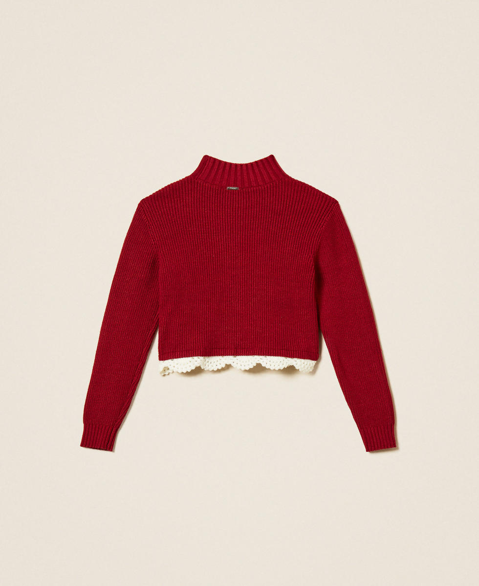 Stehkragenpullover mit H&auml;keldetails Red Ruby / Trimming "Schneewei&szlig;" M&auml;dchen 262GJ3080_13783_S1