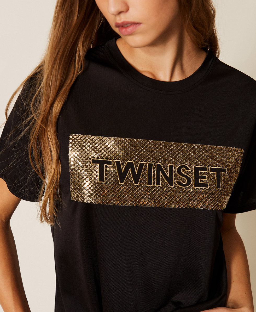 T-shirt with logo and sequins Woman, Black | TWINSET Milano