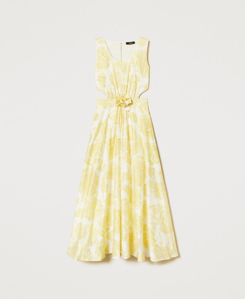 Long printed dress with rose appliqué Yellow Pear Roses Woman 251AX2030_12434_S0