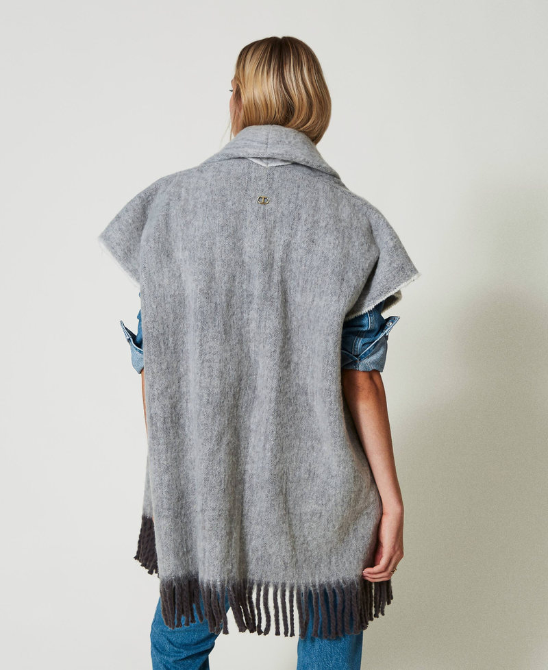 Mottled poncho with fringes Charcoal Grey Woman 242TO5570_11949_03