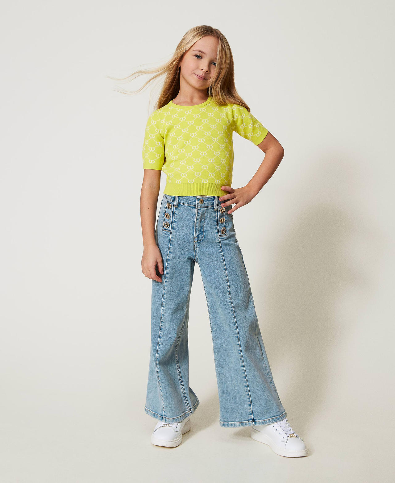 Maglia girocollo con Oval T jacquard Bicolor Yellow Plum / Ice Bambina 251GJ3QX1_12190_01