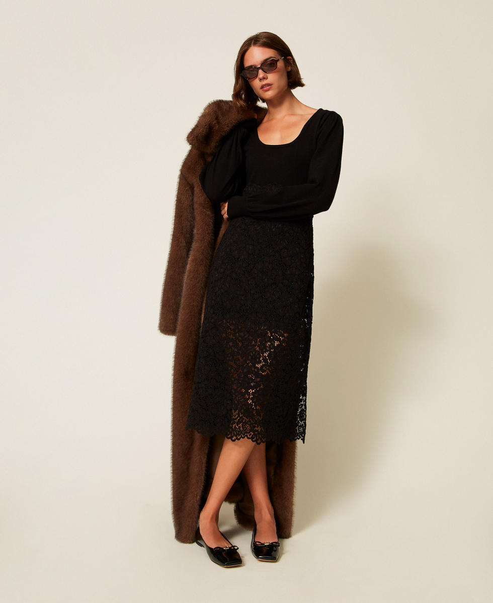 Robe midi en maille et dentelle Noir Femme 252TP3030_00006_T0