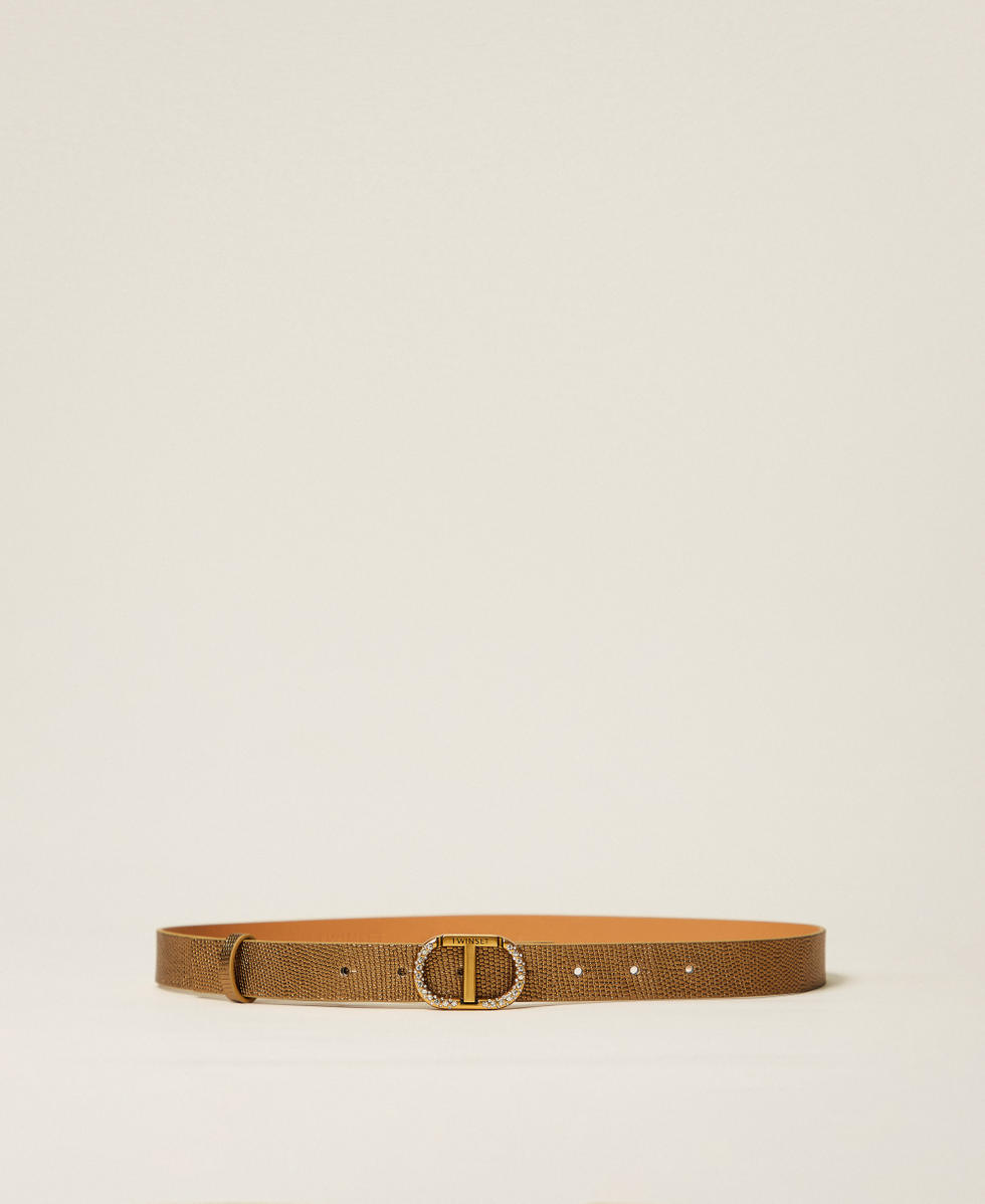 Leather belt with Oval T rhinestones Yellow Gold Woman 252TO5510_10366_01