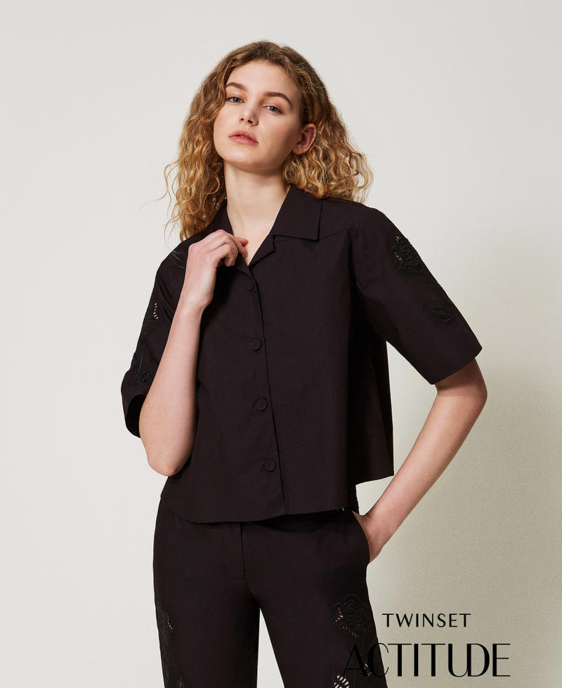 Cropped poplin shirt with embroidery Black Woman 251AX2090_00006_PA