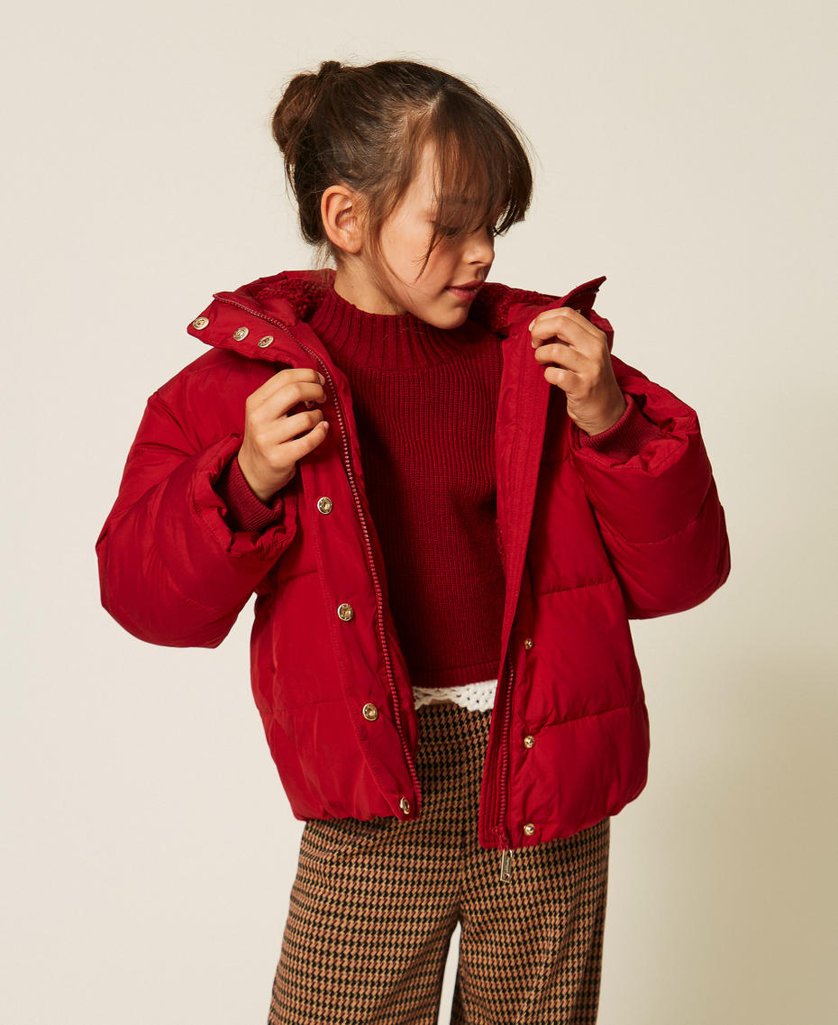 Short puffer jacket with faux fur Red Ruby Girl 262GJ2072_13704_01