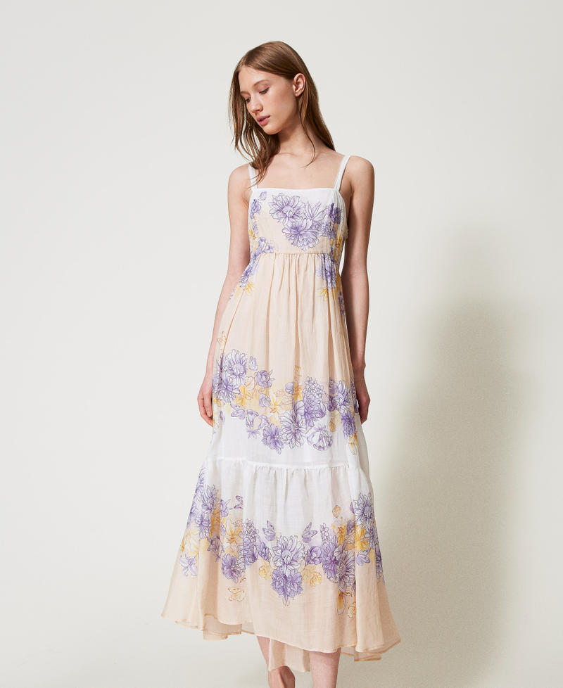 Long floral ramie bustier dress Flowers/Cold Lavender Hummingbird/Yellow Print Woman 251TT206B_12512_01
