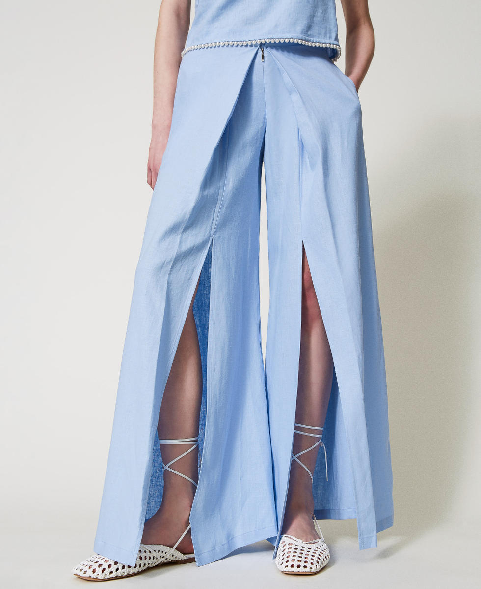 Linen palazzo trousers Light Blue Topaz Woman 251LM2QCC_12106_04