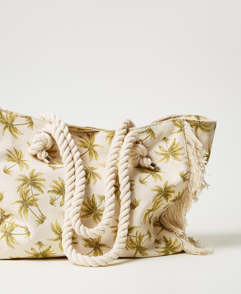 Printed canvas shopper bag Mother of Pearl/Olive Leaf Palm Print Woman 251LB7AAA_12196_03