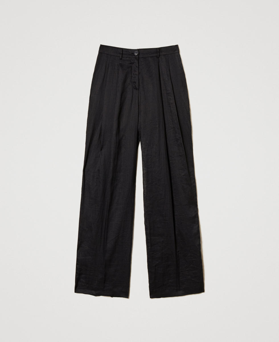 Pantalon en ramie avec plis Noir Femme 251TF2031_00006_S0