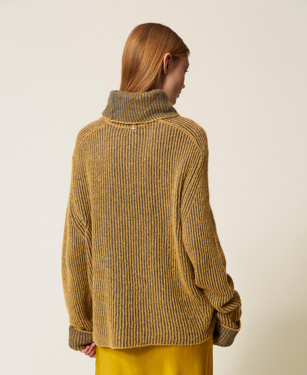Pull col roulé en laine mélangée vanisée Jaune « Mustard »/Gris Foncé Chiné Femme 252TF3010_12999_03