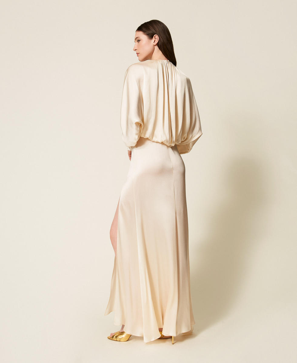 Langes Kleid aus Seidenmischsatin „Butter Cookie“-Weiß Frau 252TS2200_12078_03