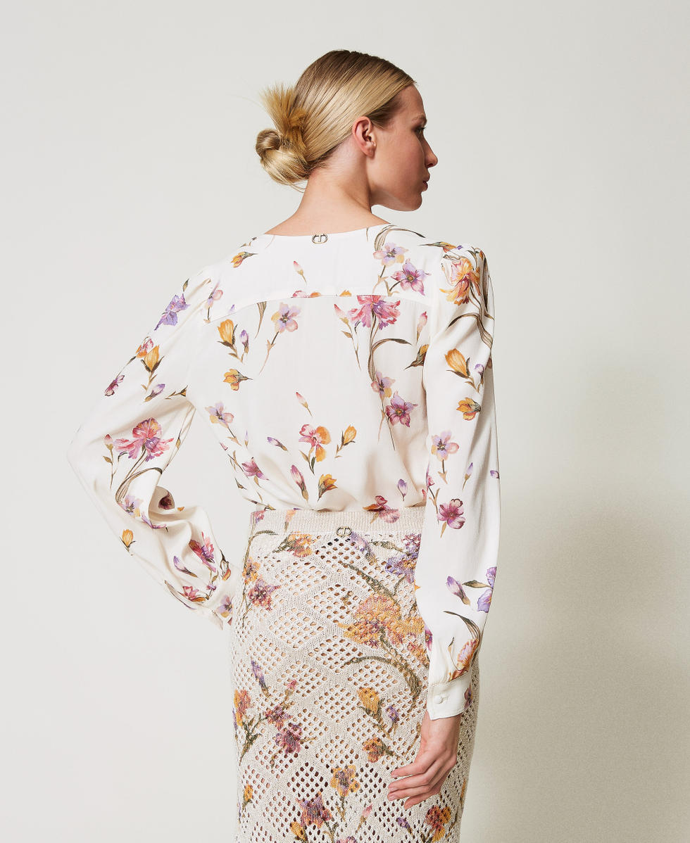 Camicia in cr&ecirc;pe de Chine a fiori Stampa Iris Multicolor / Madreperla Donna 251TP2774_12329_07