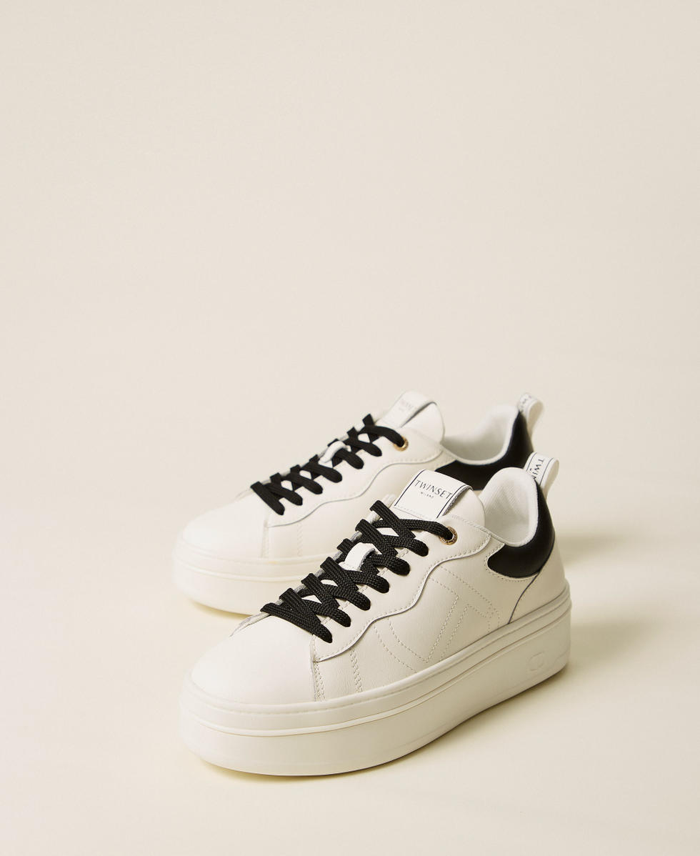 Leather flatform trainers with logo Two-tone Optical White / Black Woman 252TCP024_01870_02