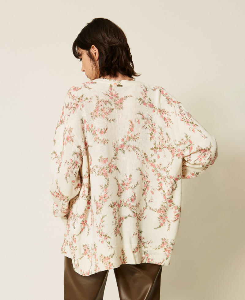 Wool blend knitted maxi cardigan with floral pattern "Snow" White Multicolour Floral Print Woman 262TP3431_13952_03