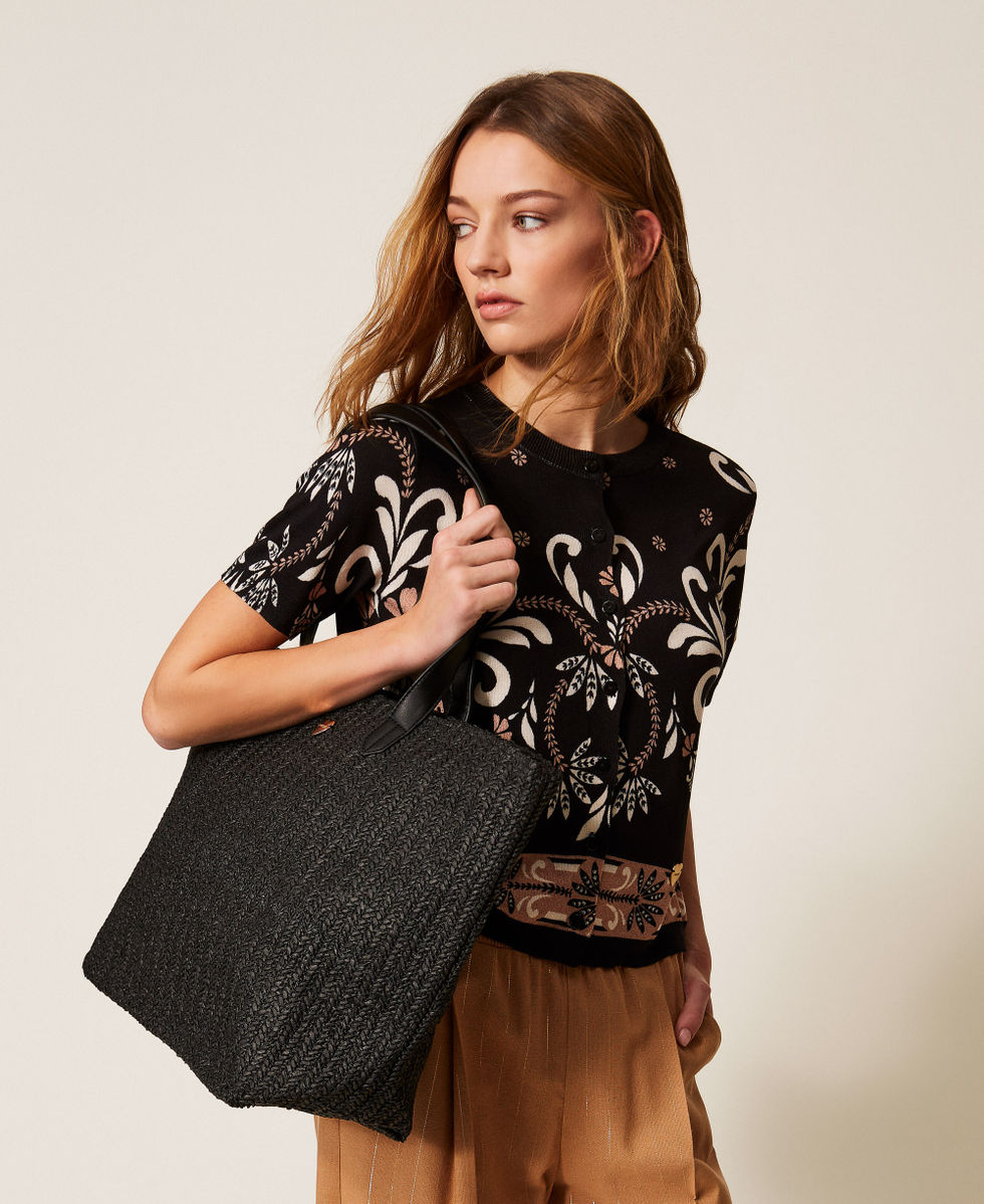 Shopper aus Rafia mit Fransen Schwarz Frau 261LB7BBB_00006_T0