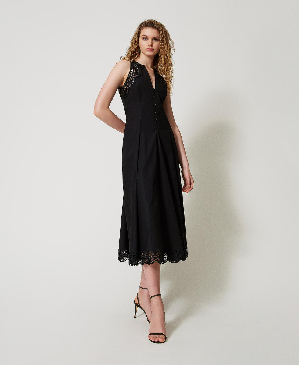 Long poplin dress with lace Woman, Black | TWINSET Milano
