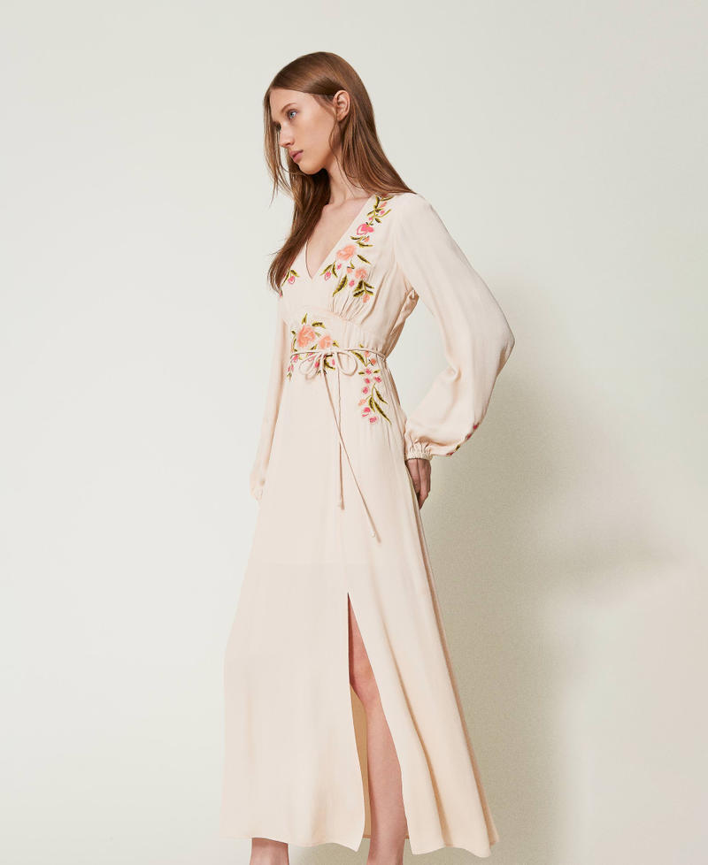 Long dress with floral embroidery Beige/Multicolour Flowers Embroidery Woman 251TP2470_12306_01