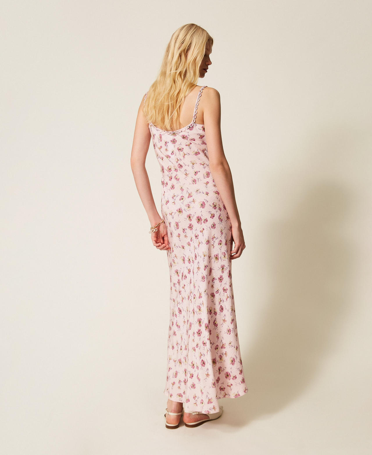 Long dress with thin straps and floral print Peach/Rose Flower Print Woman 261TP210D_13408_03