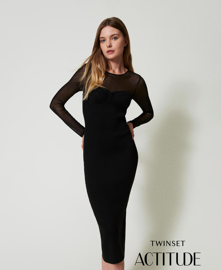 Knit midi dress with tulle Black Woman 242AT3040_00006_01