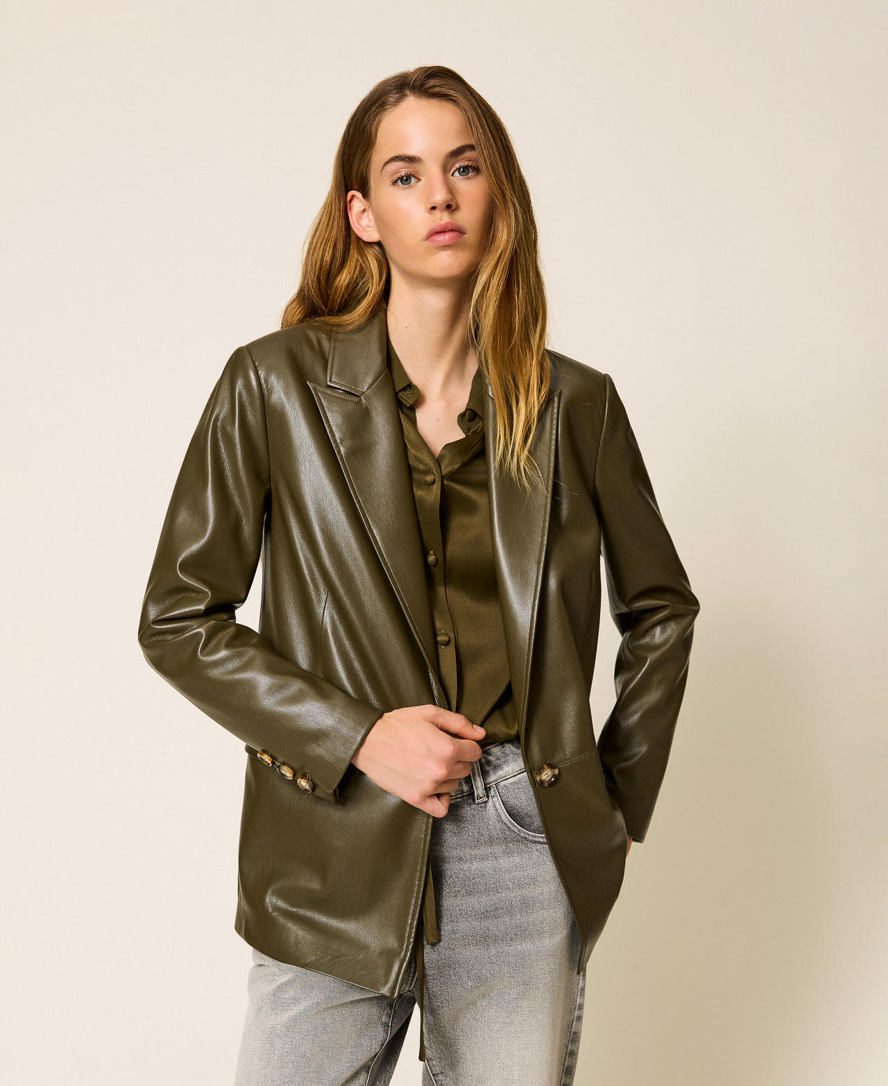 Leather-like blazer Green Olive Woman 252LI2EAA_12655_01