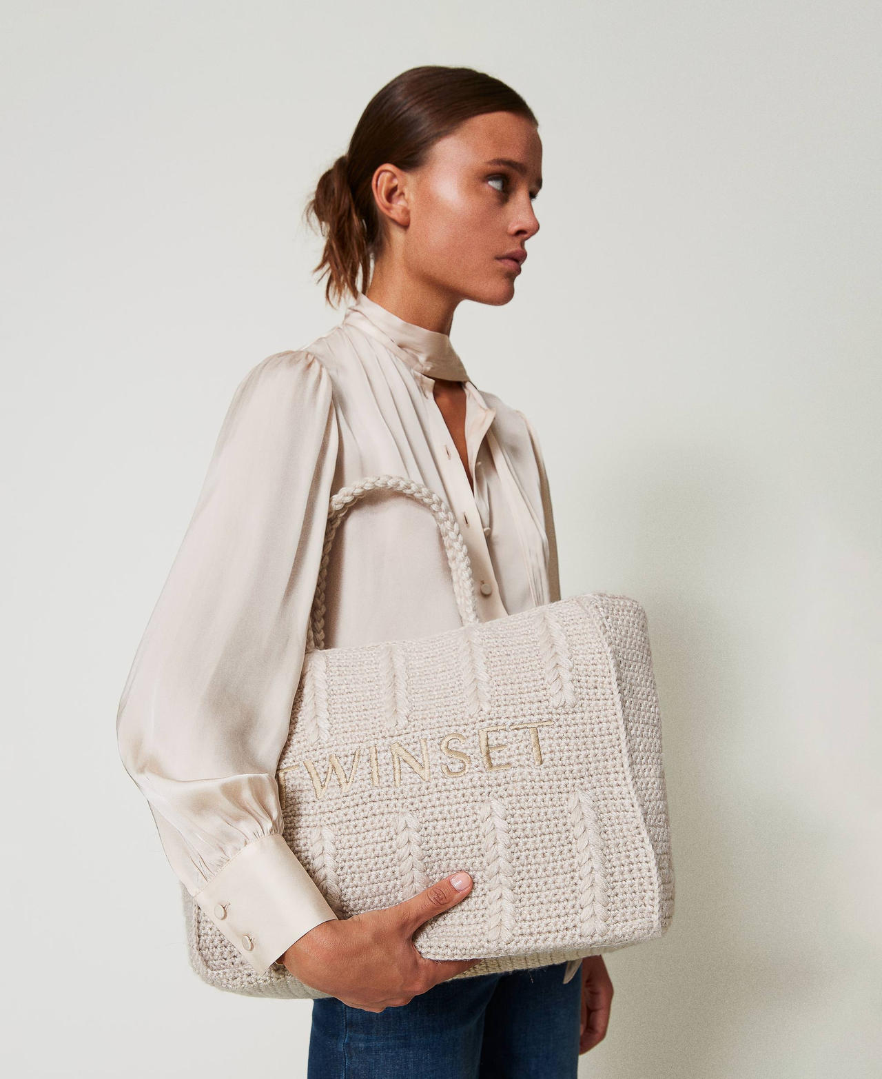 'Bohémienne' tricot shopper bag with logo White Cream Woman 242TD8120_11952_0S