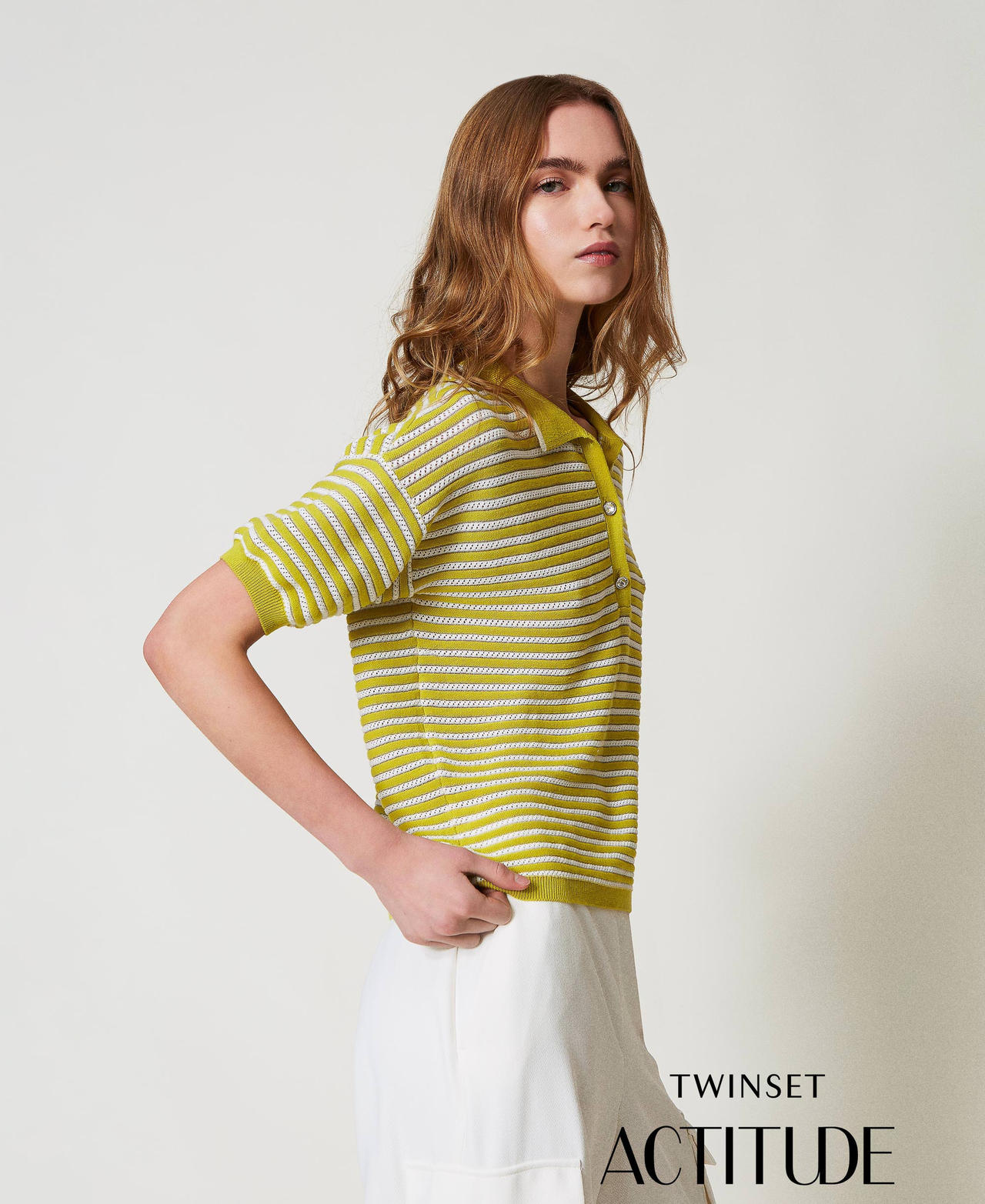 Polo shirt with lurex stripes Two-tone Sugar/Citronelle Woman 251AP3020_12177_PA