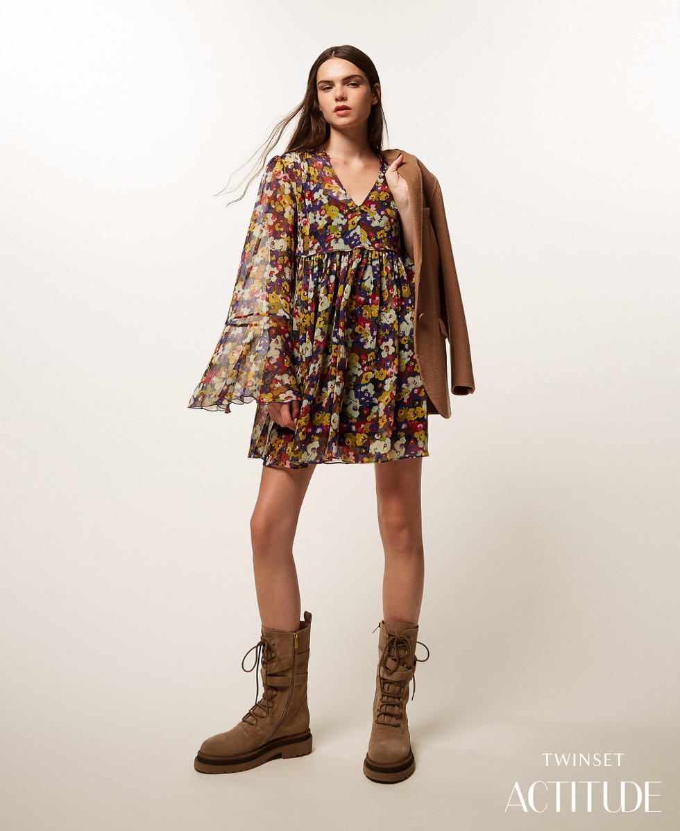 Abito corto in creponne riciclato con stampa Stampa Winter Bouquet Donna 252AT2072_12886_PA