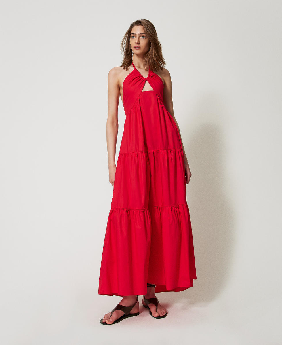 Robe longue en popeline avec volants Hibiscus Red Femme 251TT2027_12365_01