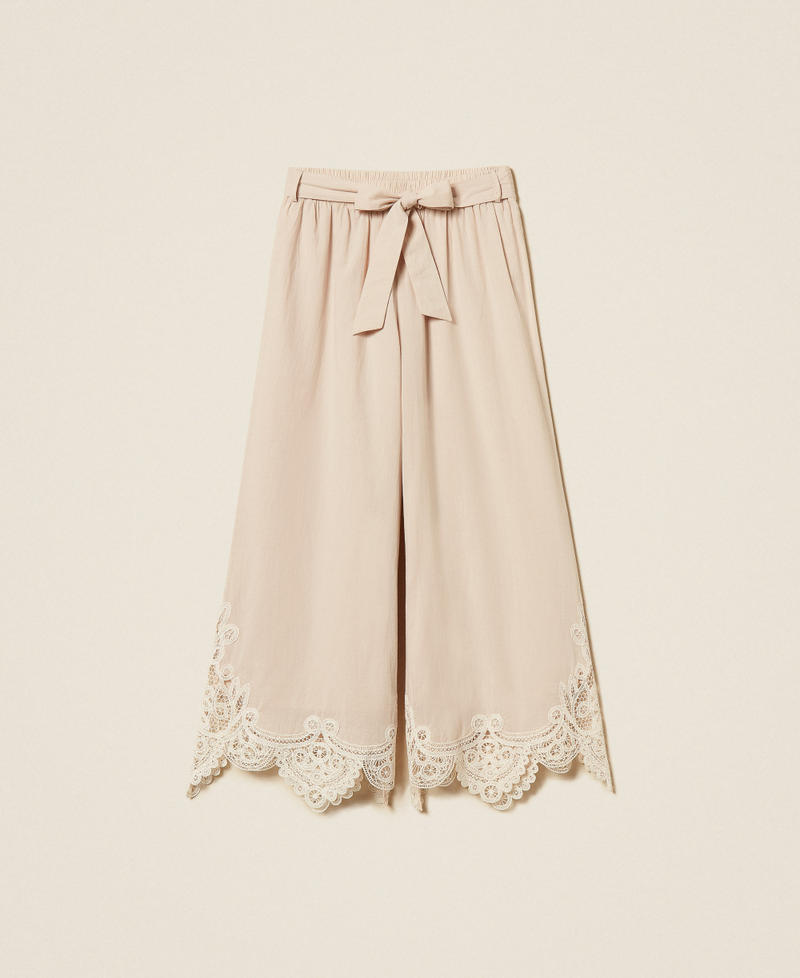 Cropped muslin trousers with macram&eacute; Two-tone Fog/Vanilla White Woman 261LM2DBB_13579_S0