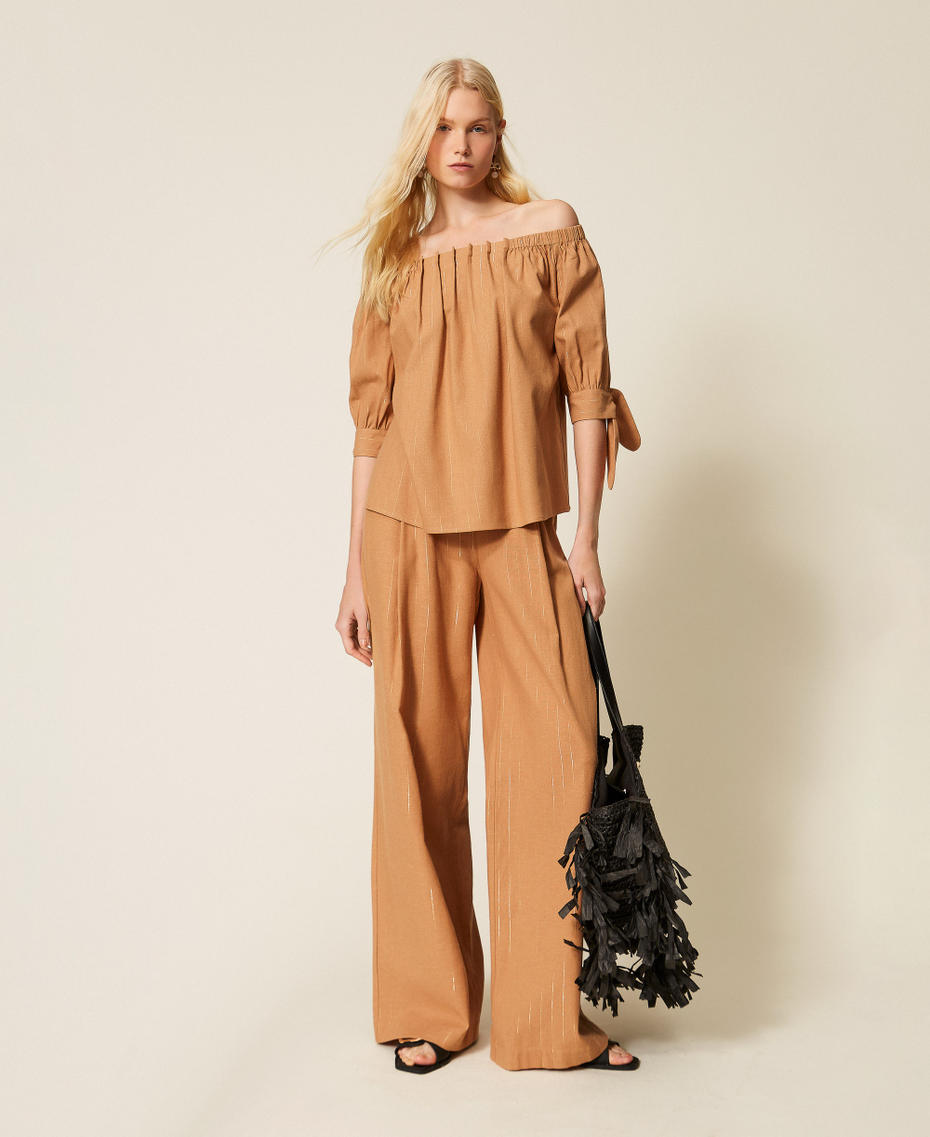 Wide lurex pinstripe trousers "Hazelnut” Brown Woman 261LB2QFF_10282_01