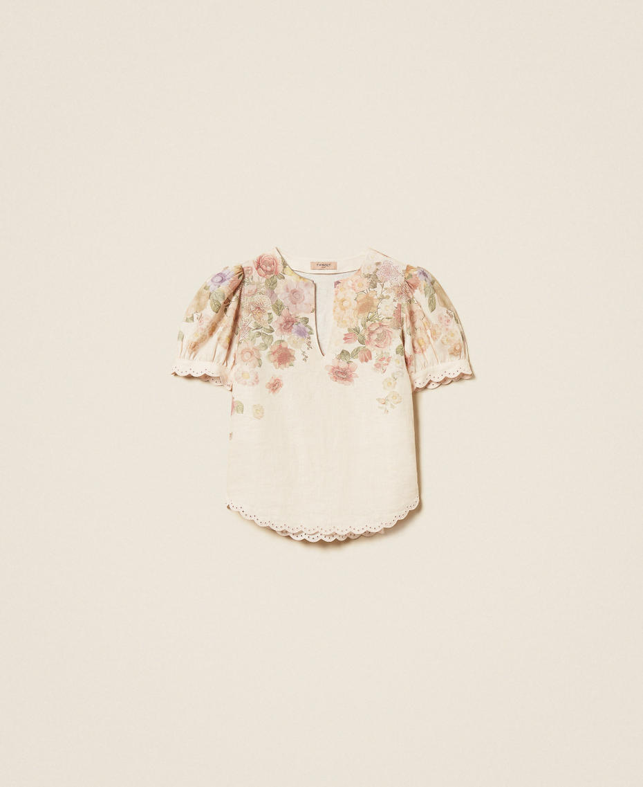 Linen floral blouse with embroidery Wildflowers Pastel Colour Print Woman 261TT2573_13588_S0
