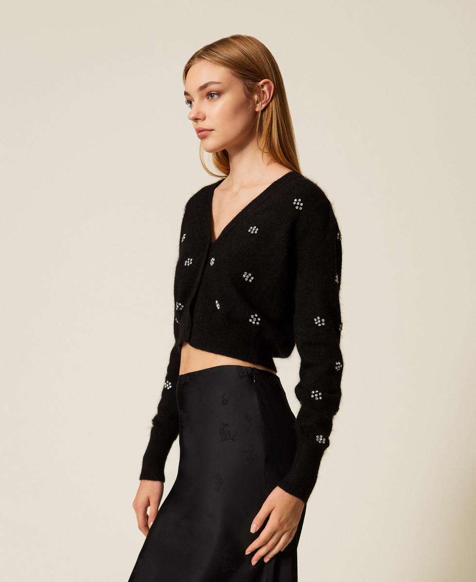 Cardigan en angora m&eacute;lang&eacute; avec broderie Noir Femme 252TT3180_00006_02