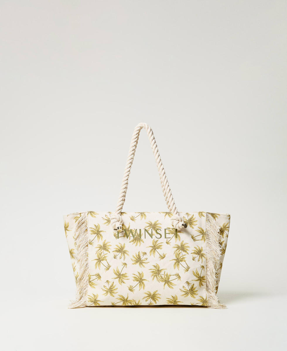 Bolso shopper de lona estampada Estampado Palmeras N&aacute;car / Olive Leaf Mujer 251LB7AAA_12196_01