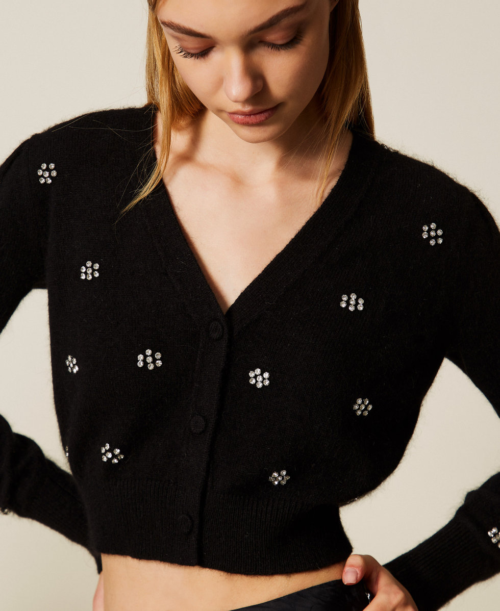Cardigan en angora m&eacute;lang&eacute; avec broderie Noir Femme 252TT3180_00006_04