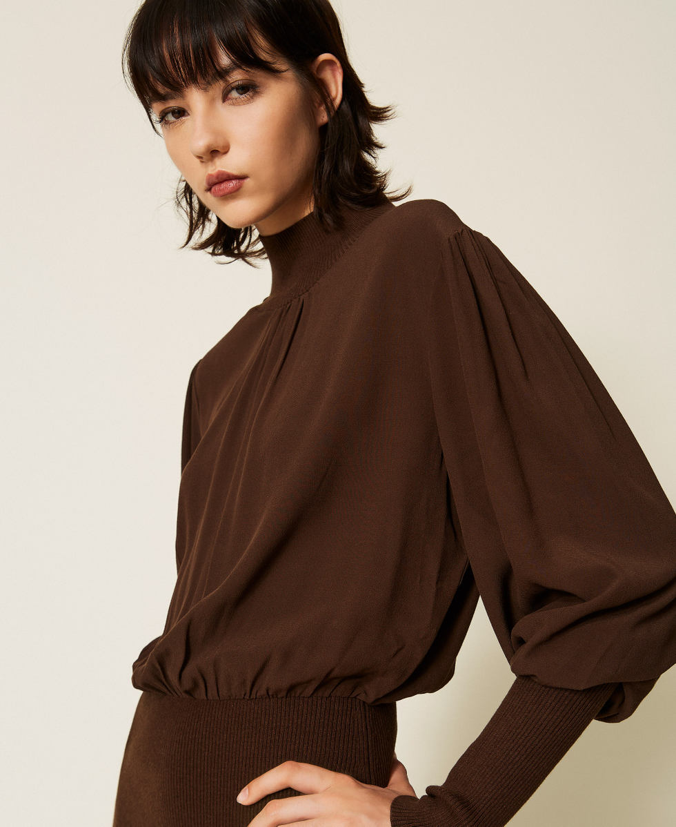 Knit and cr&ecirc;pe de Chine long dress Darkness Brown Woman 262TP3240_13411_04