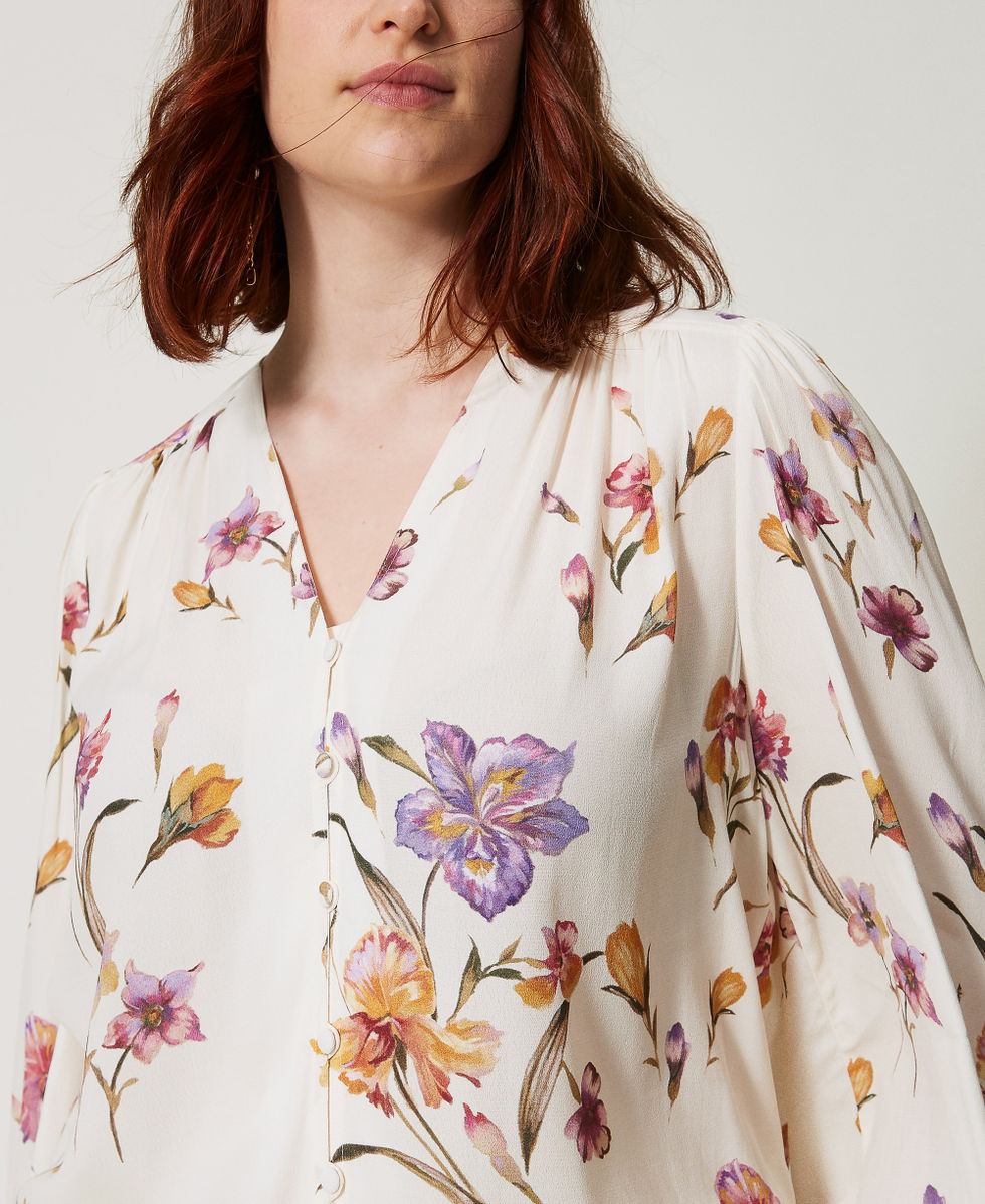 Camicia in cr&ecirc;pe de Chine a fiori Stampa Iris Multicolor / Madreperla Donna 251TP2774_12329_04