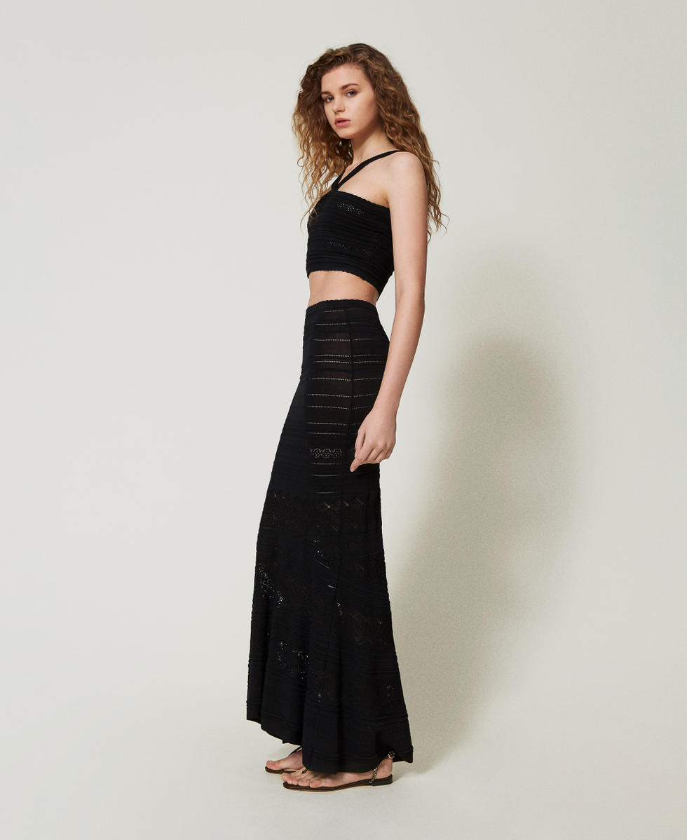 Top cropped in maglia con spalline Nero Donna 251TT3102_00006_T0