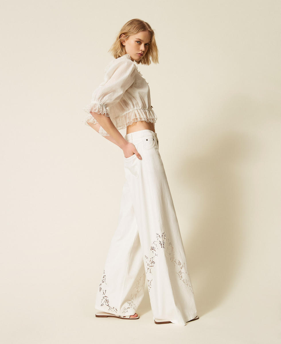 Pantalon en bull avec broderie Blanc Neige Femme 261TT2461_00282_02