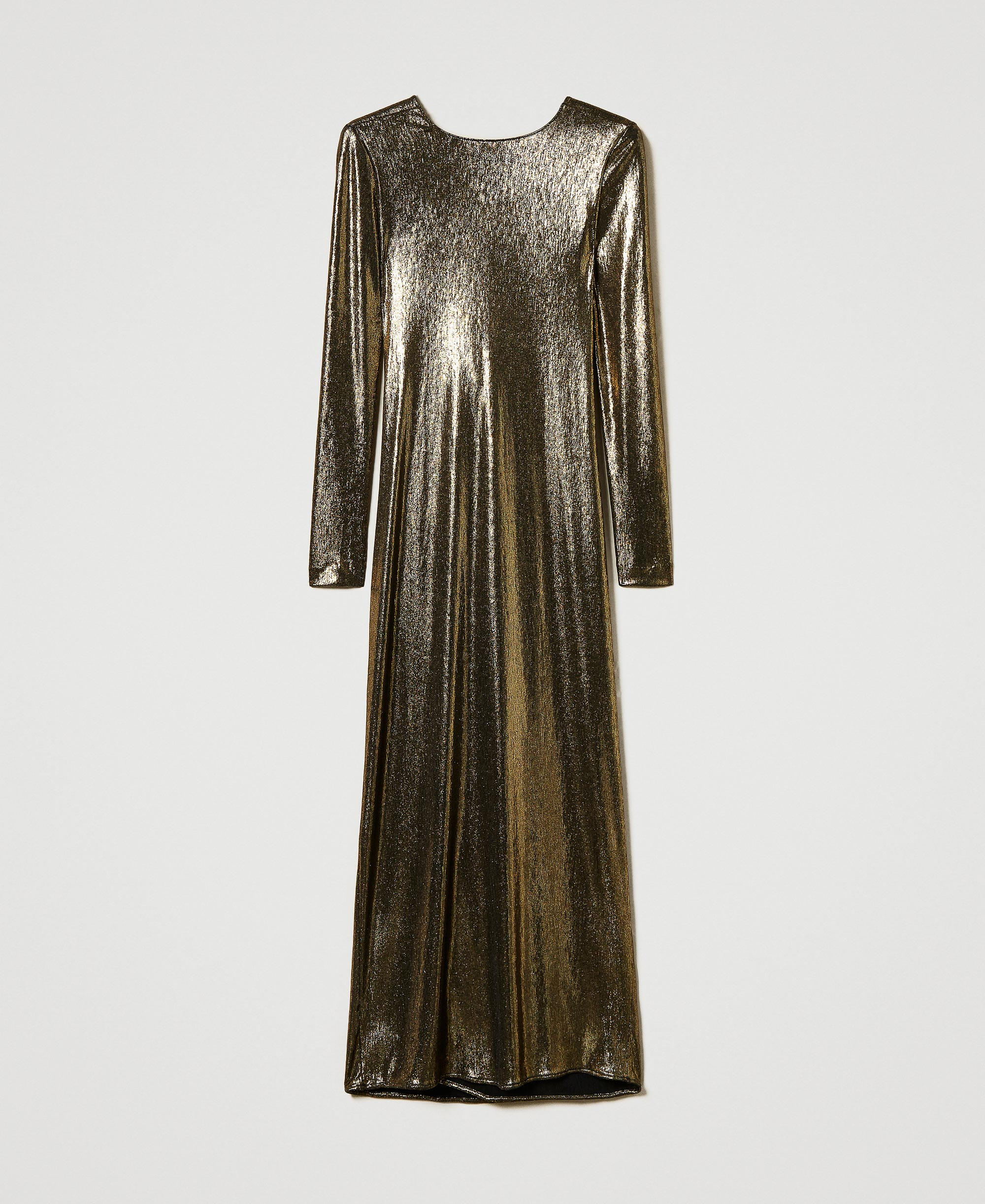 Long laminated dress with draping