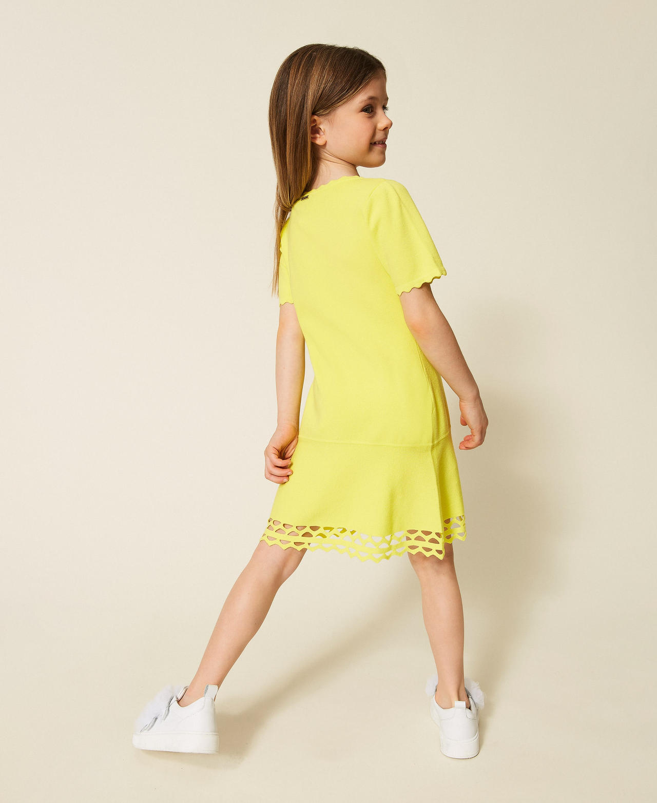 Girls&rsquo; short knit dress with scalloped trims Limelight Yellow Girl 261GB3070_06210_03