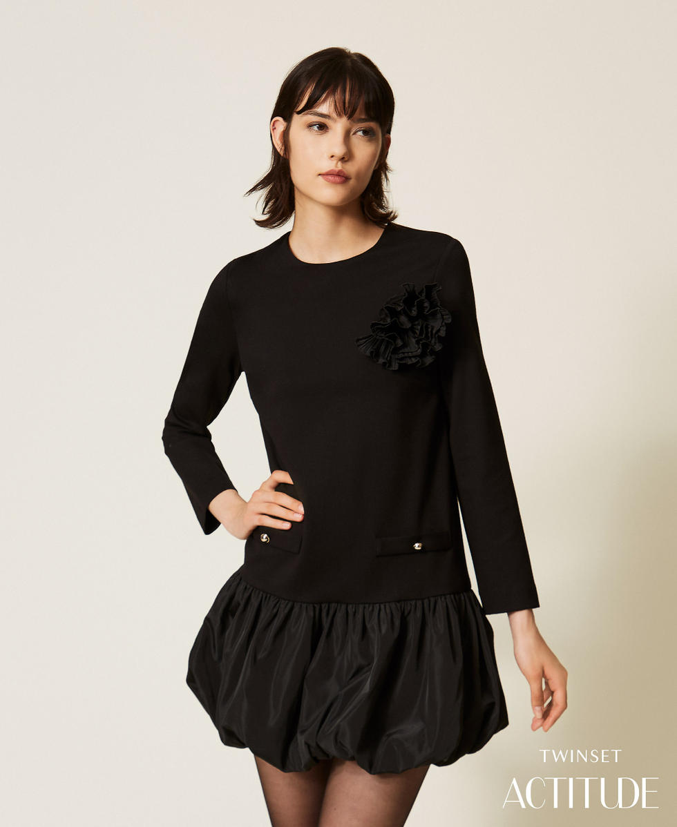 Robe courte avec jupe en taffetas Noir Femme 262AP2522_00006_PA