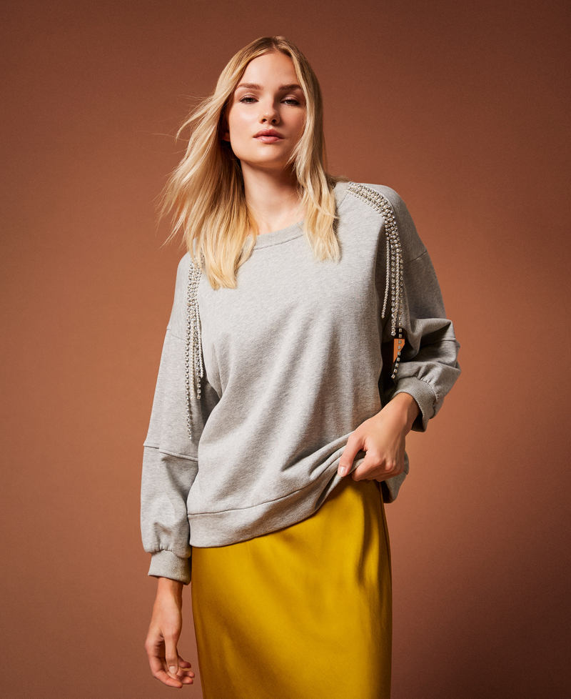 Sweatshirt with rhinestone and pearl chains Melange Grey Woman 252LI2MCC_00082_PC