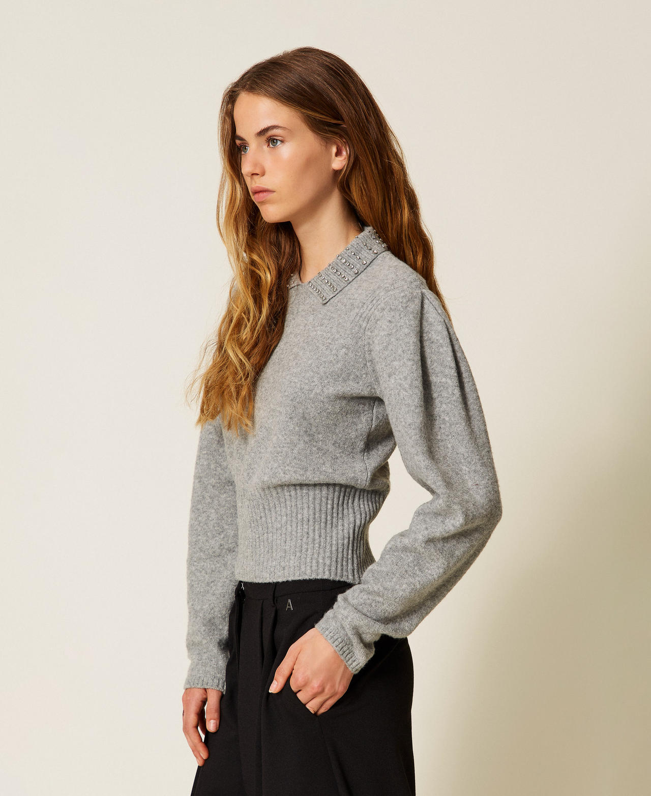 Recycled yarn polo collar jumper Light Grey Melange Woman 252AP3160_11811_02