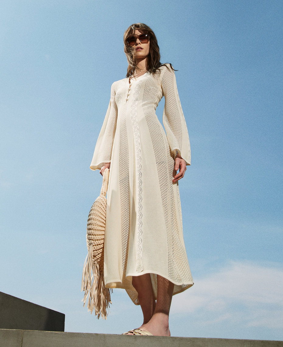 Long punched knit dress "Parchment" Beige Woman 251TT3050_07222_PC