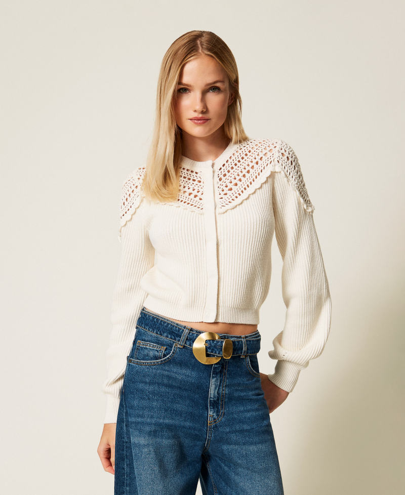 Wool blend cardigan with crochet details "Parchment" Beige Woman 252TP3100_07222_01
