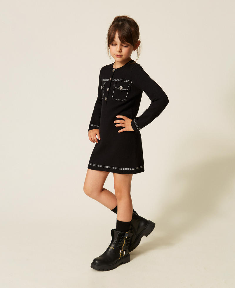 Short knitted dress with stitching Black/"Snow" White Stitching Girl 262GJ3022_13894_02