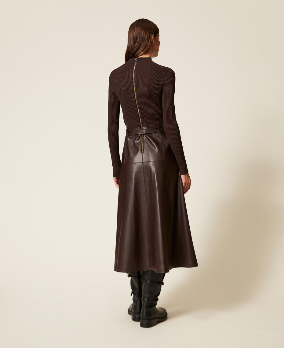 Long knit dress with leather effect