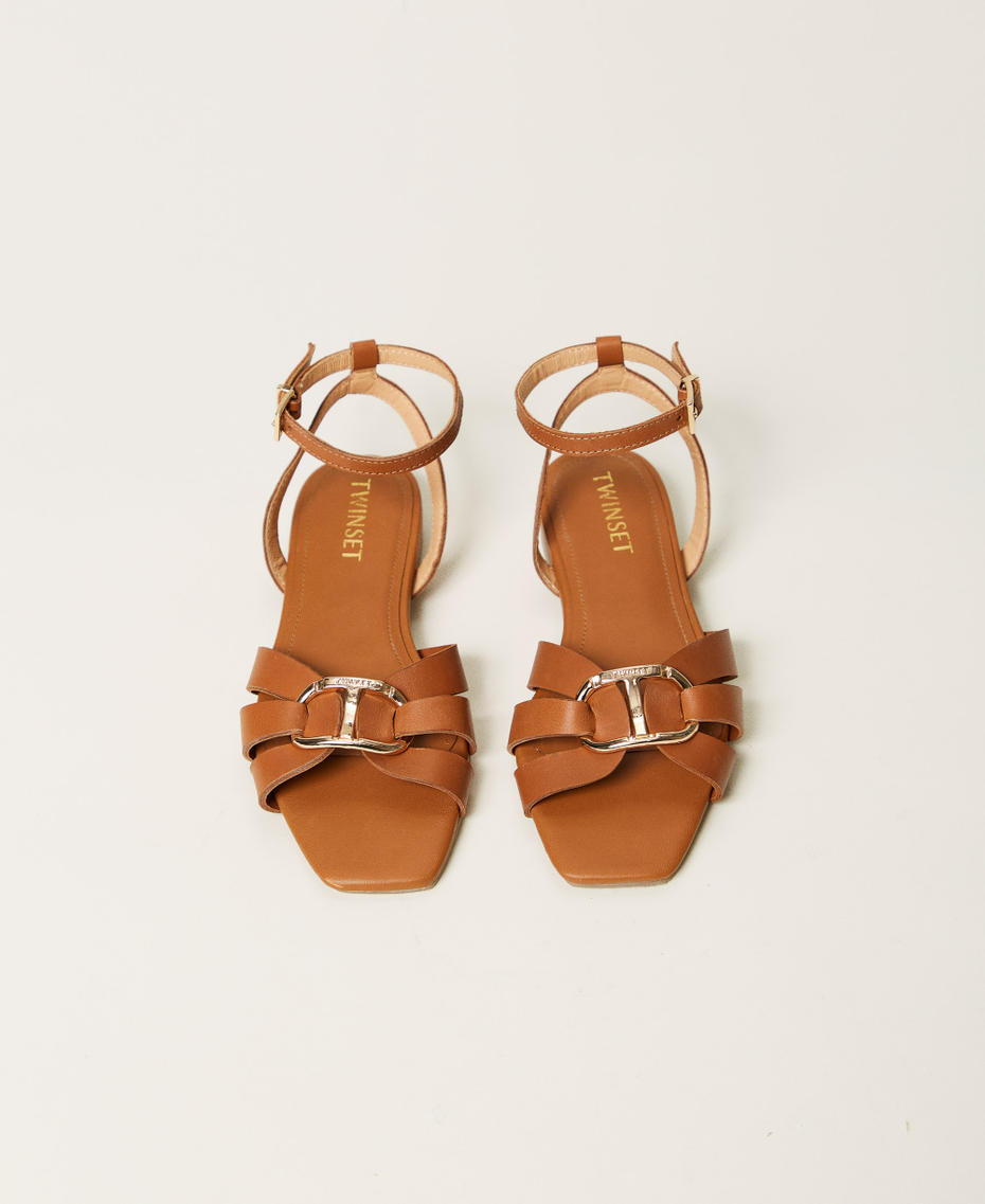 Leather sandals with Oval T Leather Brown Girl 251GCJ04A_00057_04