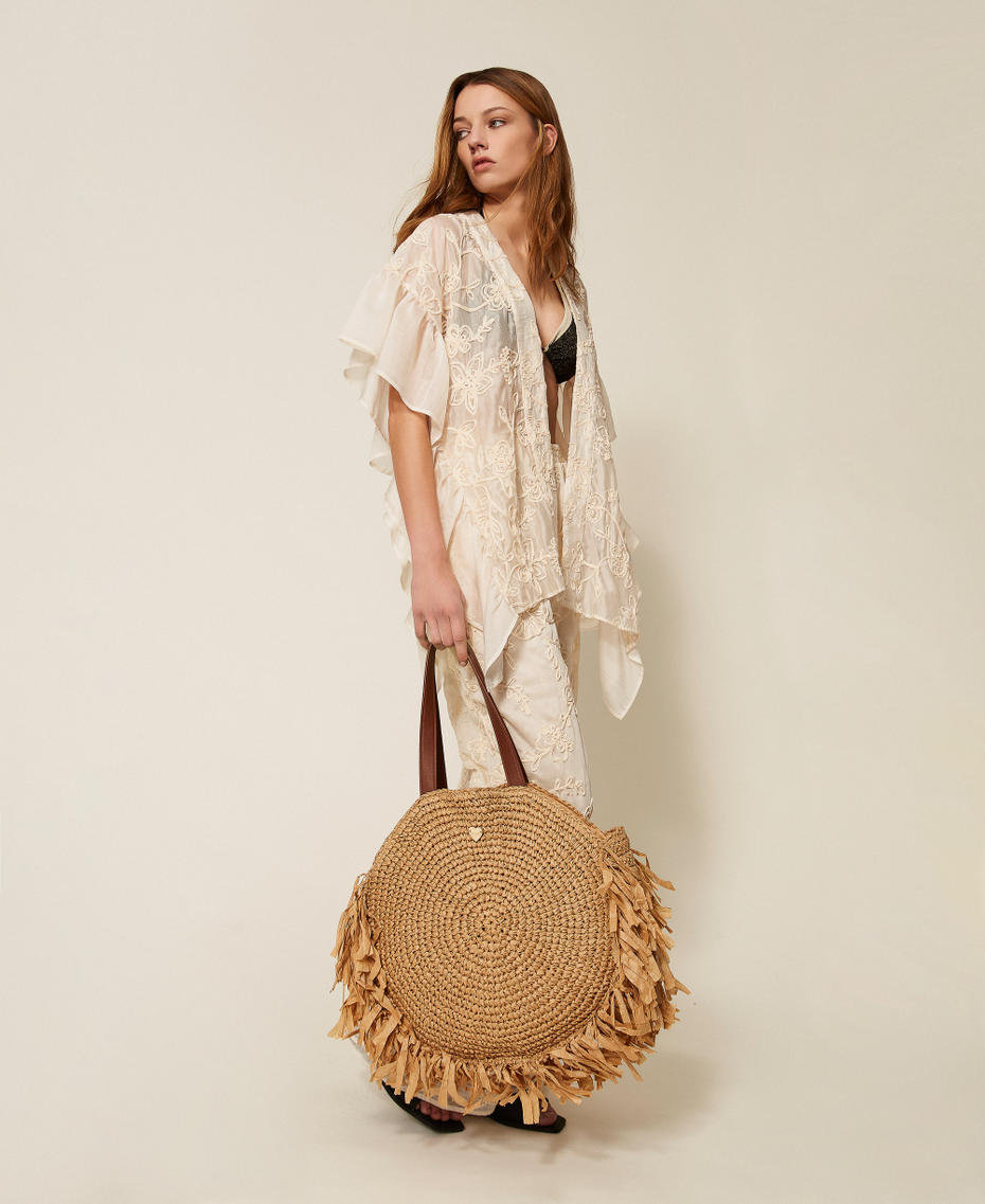 Round raffia shopper bag with fringes Straw Woman 261LB7BAA_00193_T0