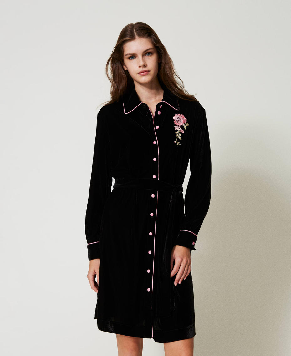 Velvet night gown with embroidery Black Woman 242LL2CEE_00006_01